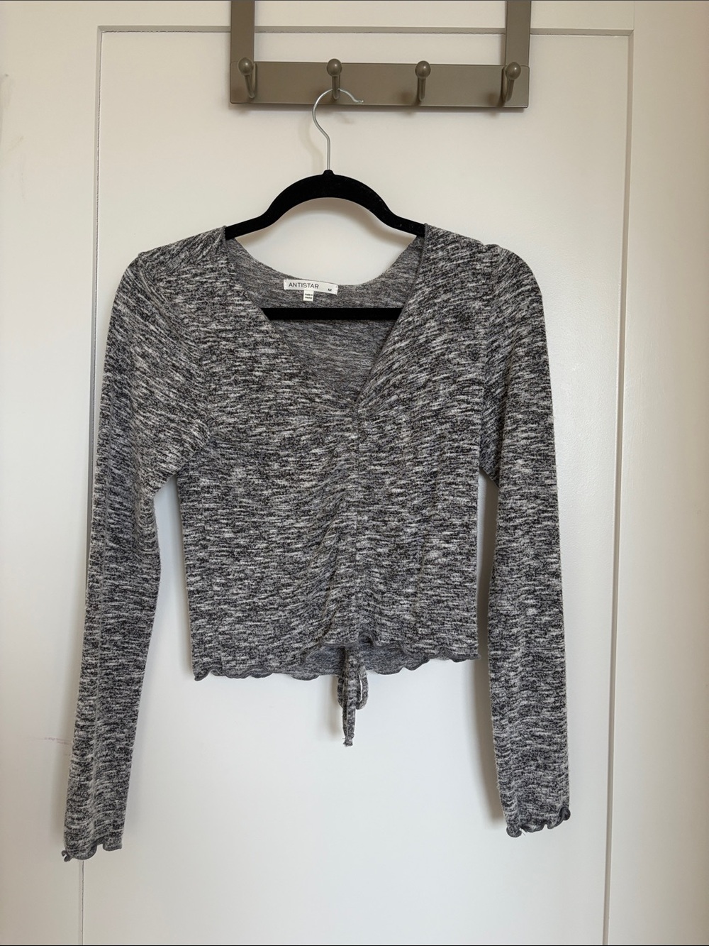 Gray Marled Ruched Front Long Sleeve Tie Top